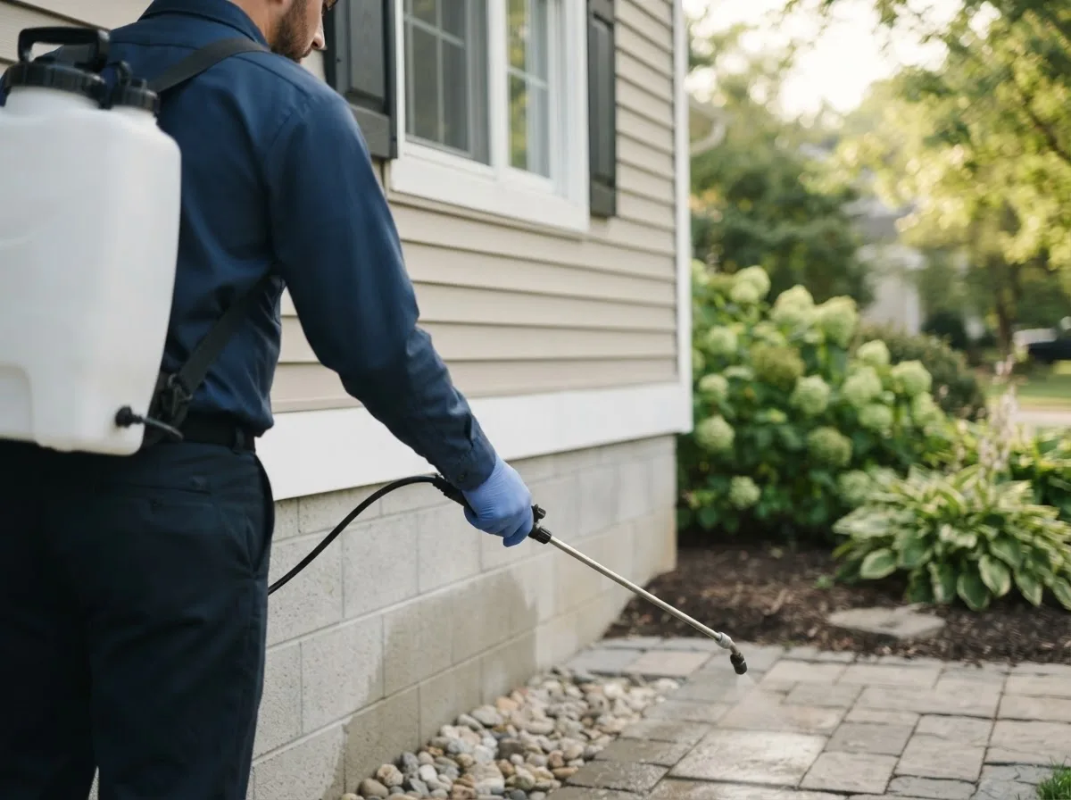 Pest control technician inspecting a home in Mayesville, SC
